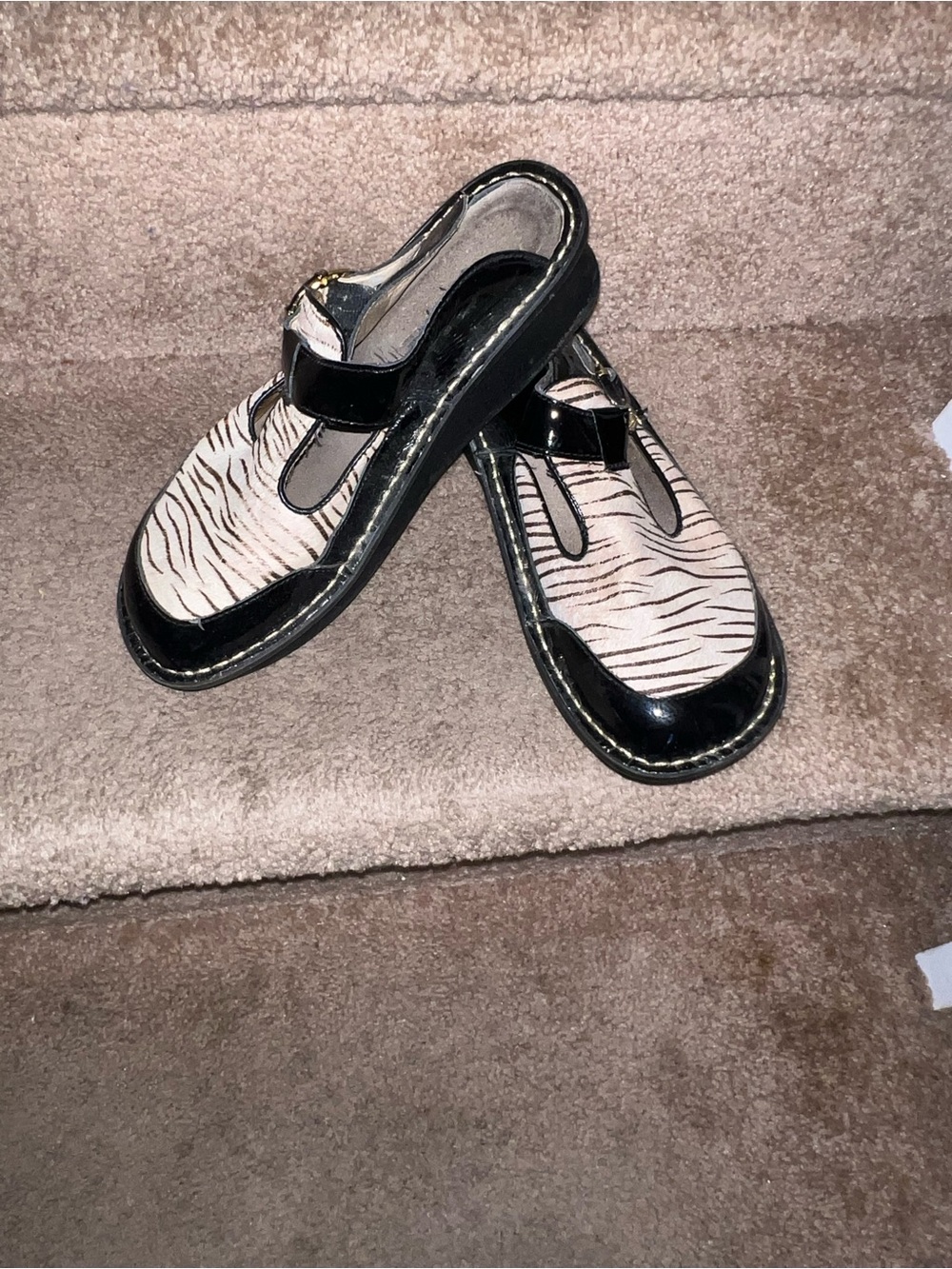 Alegria Black Patent Flats with Cream Zebra Insole